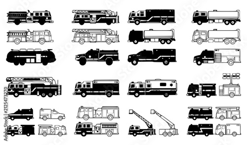 Obraz na płótnie Collection of various fire truck and emergency vehicle silhouettes in black and