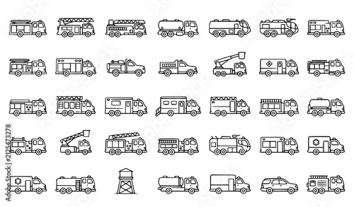 Fotografie Set of hand drawn fire truck and emergency vehicle icons isolated on a white bac