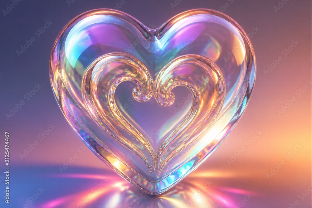 Obraz premium Glass heart sculpture reflecting iridescent light on surface