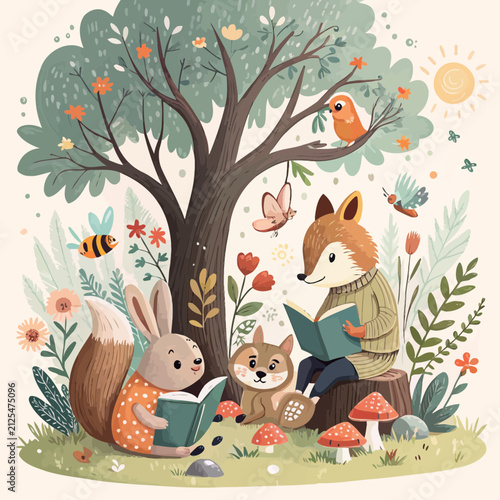 Cute fox and squirrel reading books under a large tree in a magical forest with mushrooms, flowers, and birds in a whimsical cartoon style