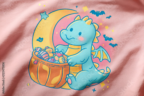 Cute Cartoon Dragon with Halloween Candy on Pink Background