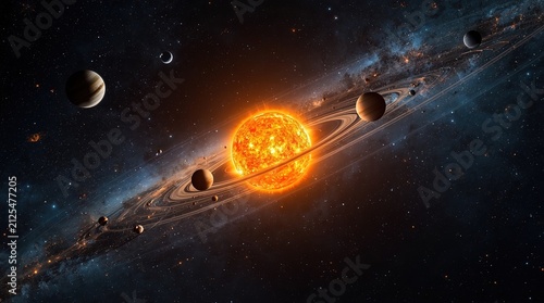 Vast cosmic scene featuring a bright sun with planets and rings in orbit around it