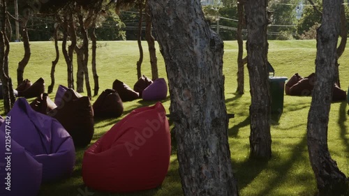 Soft seats are located on the lawn in the recreation area in the park