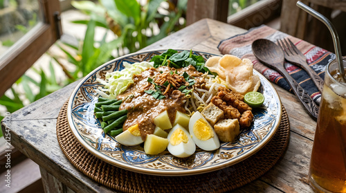 A colorful Indonesian gado-gado salad featuring fresh vegetables, tofu, tempeh, boiled eggs, potatoes, bean sprouts, and rich peanut sauce drizzle. Beautifully arranged on a traditional plate 