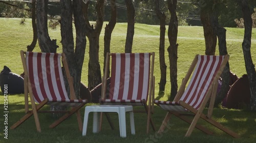 Lounge chairs stand in the shade of trees in a city park