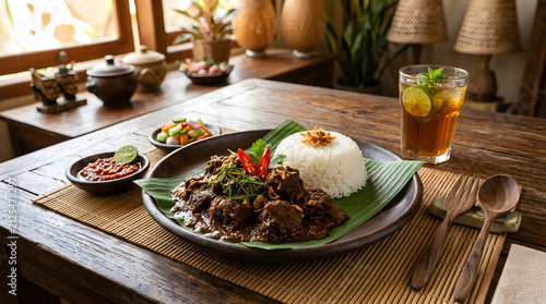 A luxurious plate of authentic Indonesian beef rendang, slow-cooked beef with rich coconut milk, aromatic spices, chili, lemongrass, and herbs. Served with steamed white rice, traditional banana leaf 