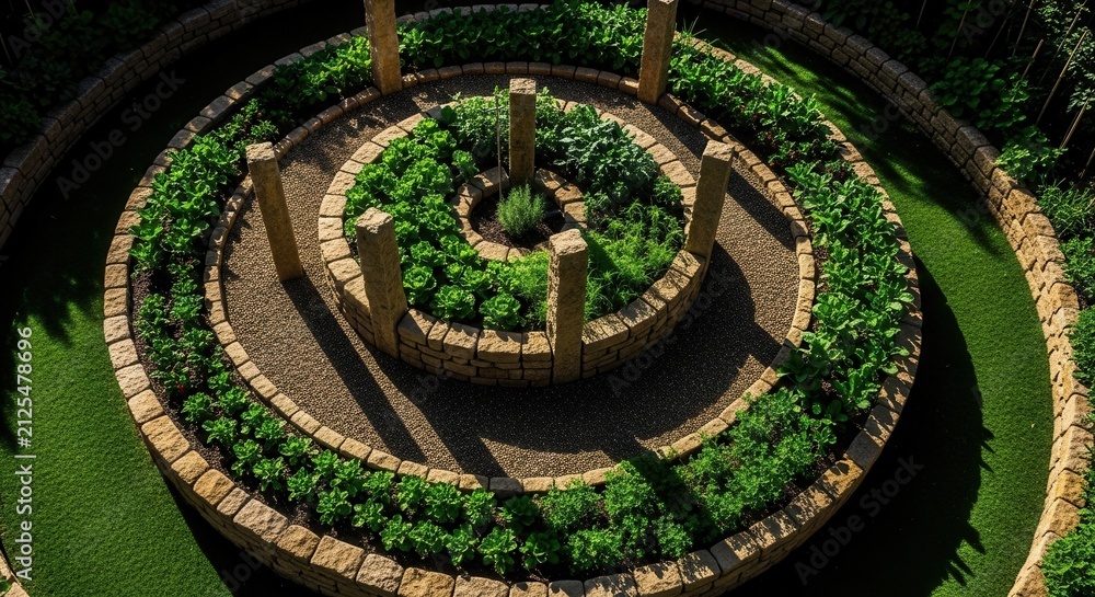 Fototapeta premium Whimsical Spiral Herb Garden With Stone Pillars
