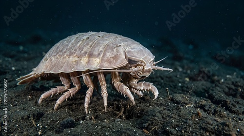 Giant deep sea isopod crawling on the dark ocean floor.