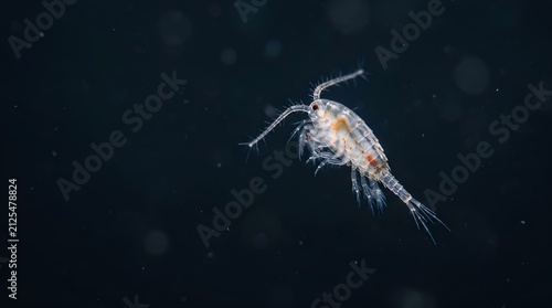 Microscopic copepod crustacean swimming in deep ocean water.