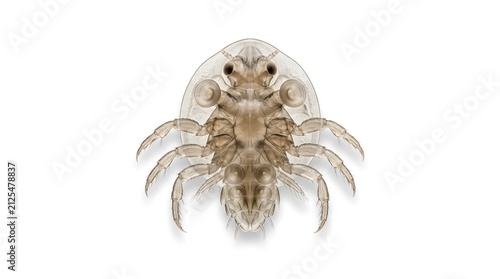 Microscopic view of a fish louse Argulus parasite on white background.