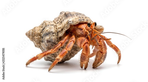 A close-up studio shot of a hermit crab in a seashell on a white background.