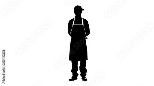 Silhouette of a person wearing an apron and a cap, standing and facing forward. This image could represent a worker or a chef.