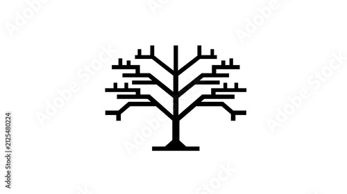 An abstract minimalist icon representing a bare tree in stark black and white. The design features a central trunk branching out into intricate, symmetrical limbs.