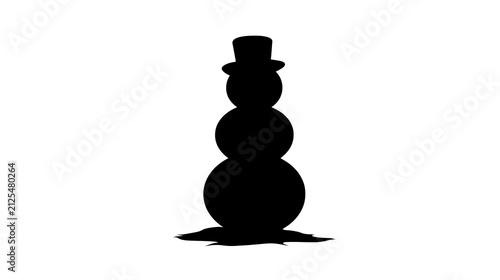 A black silhouette of a snowman wearing a top hat, melting on the ground. Symbolizes winter and the passing of time