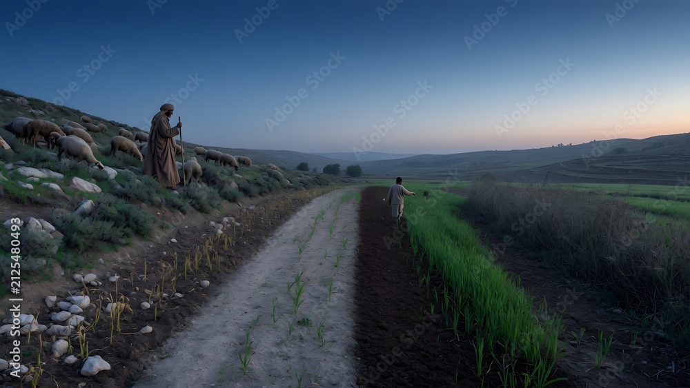 Obraz premium The Parable of the Sower from the Gospels witnessed from a neighboring grazing slope, where a shepherd overlooks the farmer sowing across four visibly different soil conditions and their contrasting o