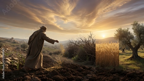 The Parable of the Sower from the Gospels portraying the farmer sowing beneath a vast biblical sky while four distinct landscapes reveal enduring spiritual responses through the passage of time, an ex