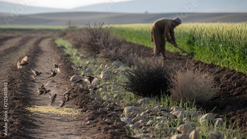 The Parable of the Sower from the Gospels captured at the decisive roadside moment as birds descend toward exposed seeds while the wider scene simultaneously reveals shallow growth over stone, plants 