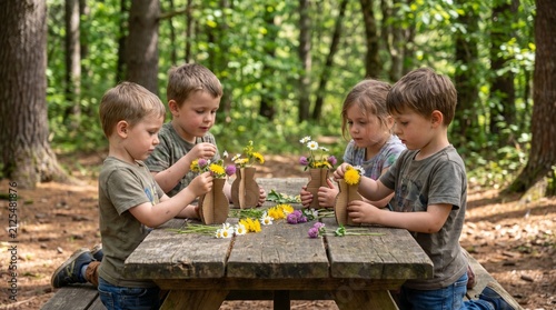 Four young children sitting at a wooden picnic table in a forest, happily engaged in creating small flower arrangements. Each child is focused on their task.