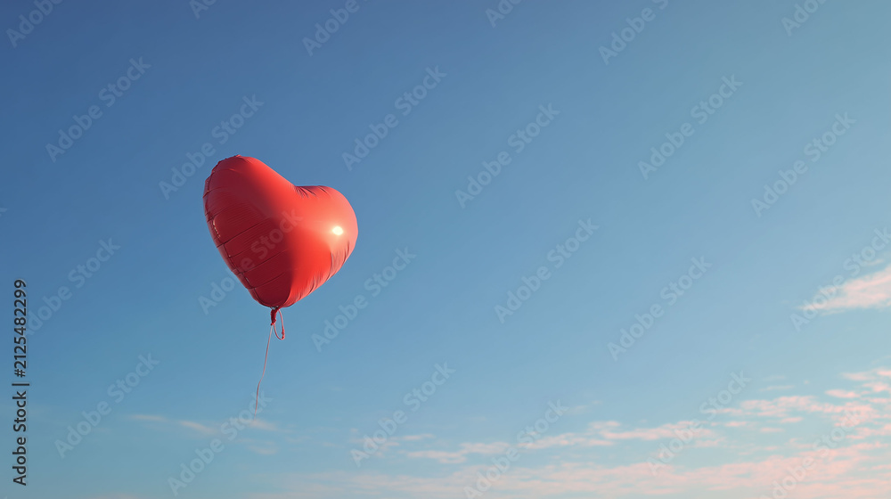 Fototapeta premium Minimal red heart foil balloon flying in soft blue sky with copy space