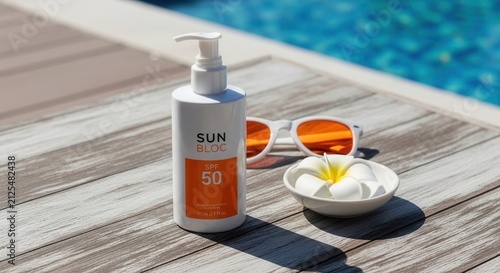 Sunscreen Bottle And Sunglasses By The Poolside On A Sunny Day