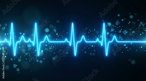 Glowing blue heart rate line with peaks and valleys on a dark background.