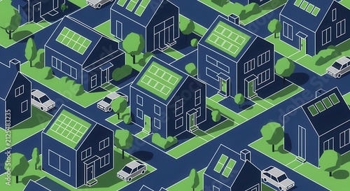 Sustainable Neighborhood With Solar Powered Homes And Electric Cars