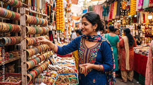 Indian woman shopping for colorful bangles at a vibrant street market during Diwali festival celebrations