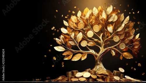 golden money tree with radiant shimmering leaves symbolizing wealth prosperity and growth luxurious aesthetic with rich tones and elegant glow caption space provided on the side for design use