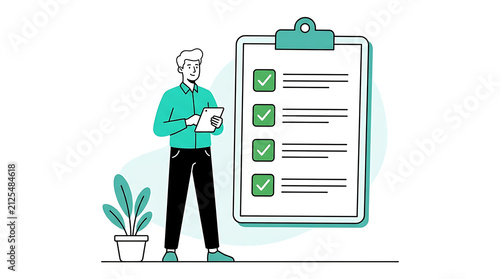 Man filling out checklist clipboard concept for business task management, survey, audit, project planning vector illustration