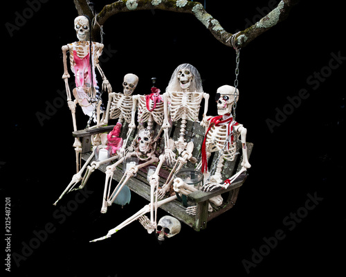 Obraz na płótnie Group of scary, frightening skeletons against a black background for Halloween d
