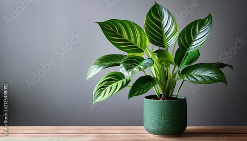 calathea houseplant in biscay green pot on a wooden stand near a gray wall designed for home interior layout