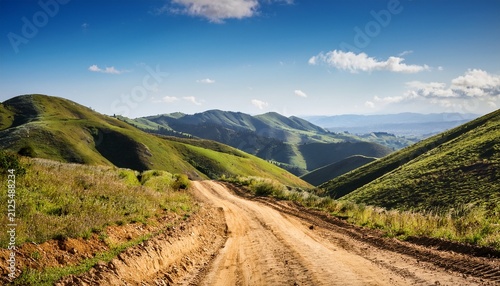 rugged mountain dirt road ideal for off road adventures and rallying surrounded by scenic hills and greenery under a blue sky