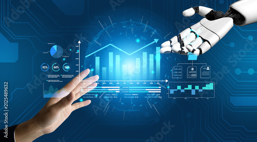 Obraz na plátně Human Hand Reaching Out to Robot Hand with Data Visualization and Graphs Representing Artificial Intelligence and Technology Collaboration Haptic