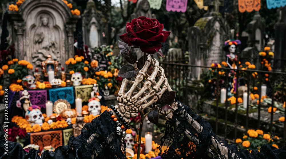 Obraz premium Skeleton hand offers a dark red rose in front of a stone tombstone decorated with marigolds and skulls in a historic cemetery.