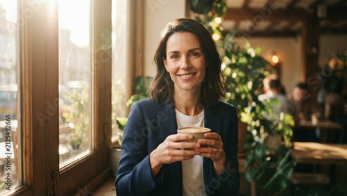 Professional Woman Smiling and Holding Coffee Cup Near Window in Cafe