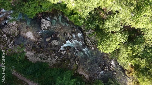 Top-down aerial view of Radovna River in Vintgar Gorge, Slovenia