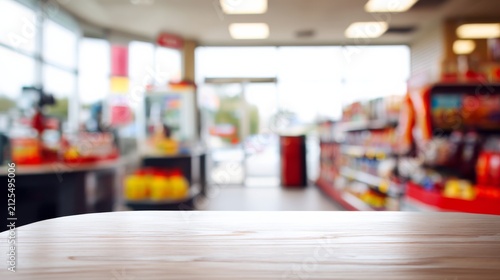 Convenience store interior with an empty table surface waiting for customers