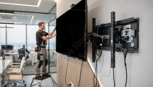 Technician mounting a large display screen in a modern conference room with blurred office background to emphasize AV setup details.