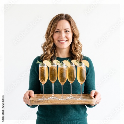 Smiling woman holds a wooden tray with five champagne flutes filled with bubbly drinks garnished with apple slices and rosemary sprigs