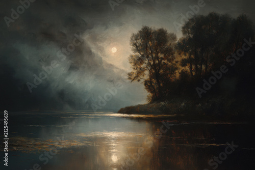 Atmospheric moonlight over still lake. Oil painting with dark clouds.