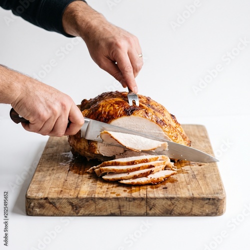 Man carving a golden brown roasted turkey on a wooden cutting board for Thanksgiving dinner celebration
