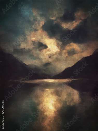Atmospheric moonlight over still lake. Oil painting with dark clouds.