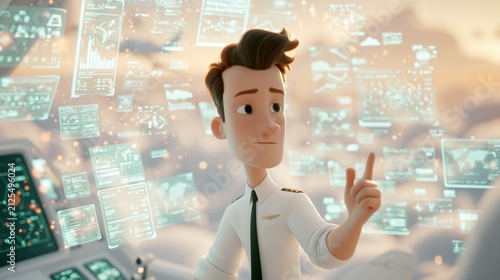 Pilot gestures toward floating interactive screens in a futuristic aircraft cockpit, representing aviation technology, navigation, and flight control.