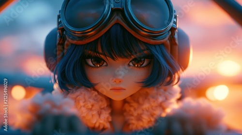 Anime girl wearing aviator goggles and a fur-lined jacket gazes at the camera against a colorful sunset background with glowing bokeh lights.