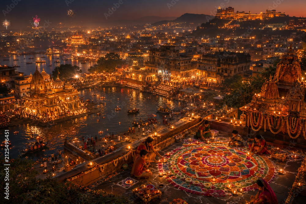 Obraz premium Spectacular Indian festival of lights overlooking illuminated temple city, river ghats, fireworks and vibrant rangoli celebrating spirituality, heritage and traditional culture at night