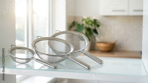 Three stainless steel sieves in varying sizes displayed on a clear shelf, showcasing modern kitchen tools and baking accessories with ample copy space.