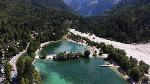 Flight over Lake Jasna near Kranjska Gora town, Slovenia