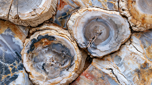 Close-up texture of polished petrified wood slices showing colorful agate mineral rings and fossilized tree patterns