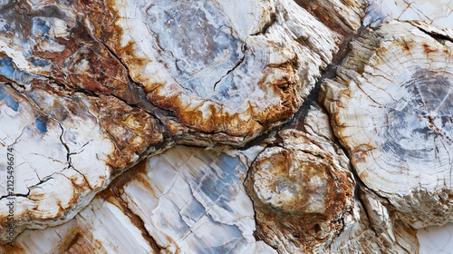 Close up texture of fossilized petrified wood showing mineralized tree rings and agate patterns