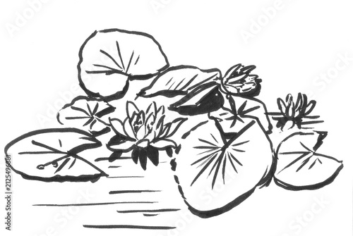 Black ink illustration of water lilies and lily pads with bold brush strokes, calm pond surface, organic leaf forms, minimal negative space, elegant monochrome botanical composition
